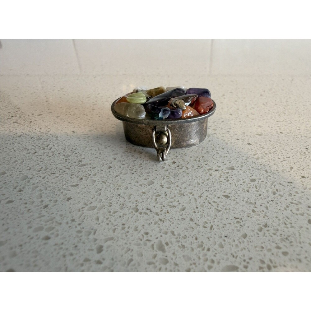 Vintage Mexican Alpaca Pill Trinket Box Colorful Stone Inlay Signed Mexico